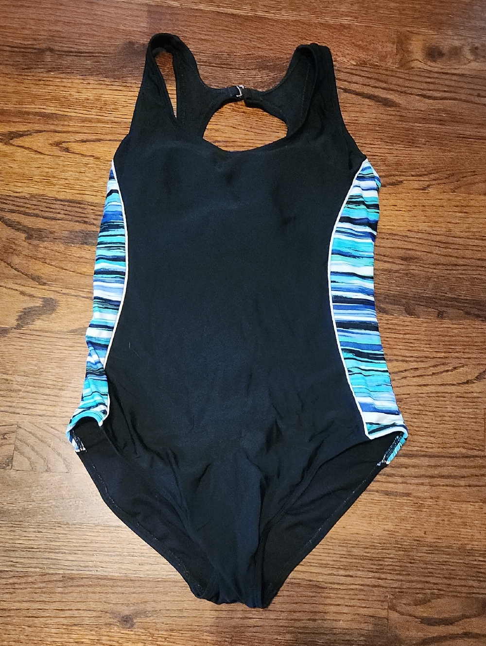 Black One-Piece Swimsuit with Blue Stripe Side Panels